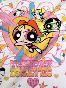 THE POWERPUFF GIRLS X SHEIN 女款夏季休閒卡通印花T恤 - 白色 - 查看 6