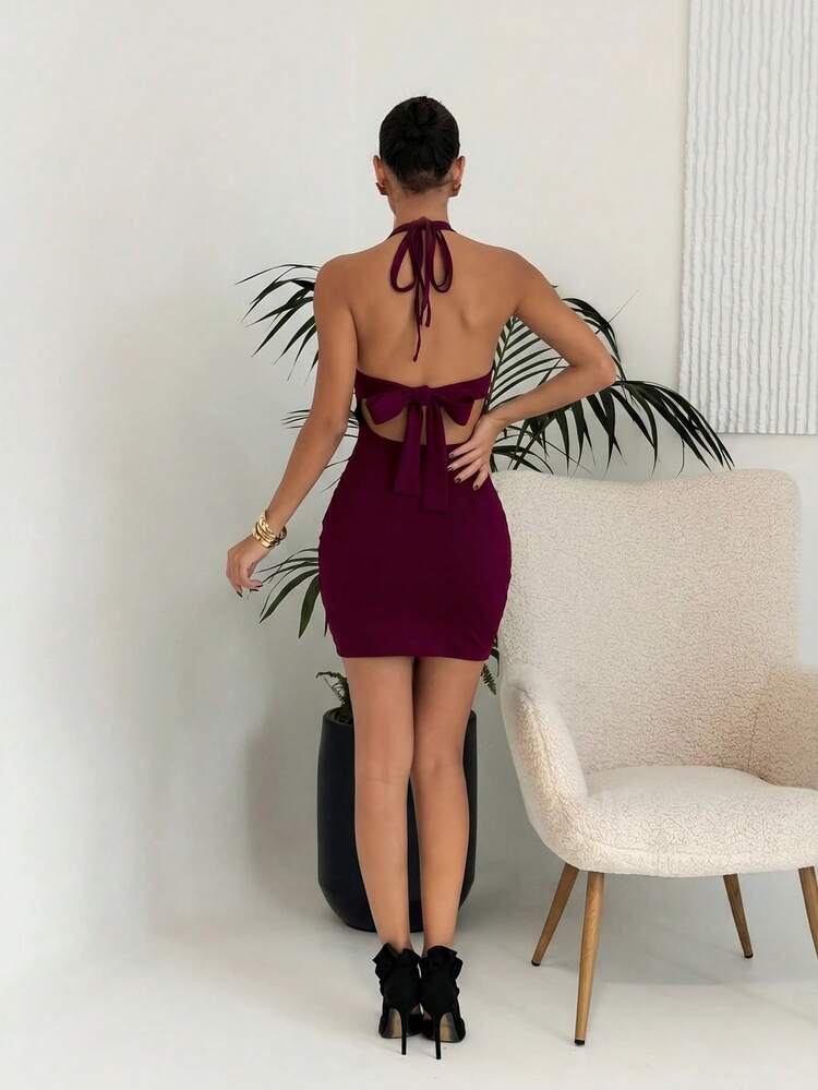 Mistrie Women's Solid Color Deep V Neck Ruched Bandage Halter Dress Clubbing Dark Burgundy Summer - Burgundy - View 2
