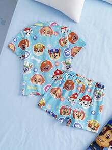 SHEIN | PAW Patrol Setelan Pakaian Santai Anak Laki-Laki dengan Motif Kartun Lucu, Atasan Lengan Pendek dan Celana Pendek - Biru - View 2