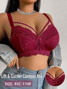 DesireSculpt Plus Size Lace Wire-Free Bra, 1pc - Burgundy - View 4