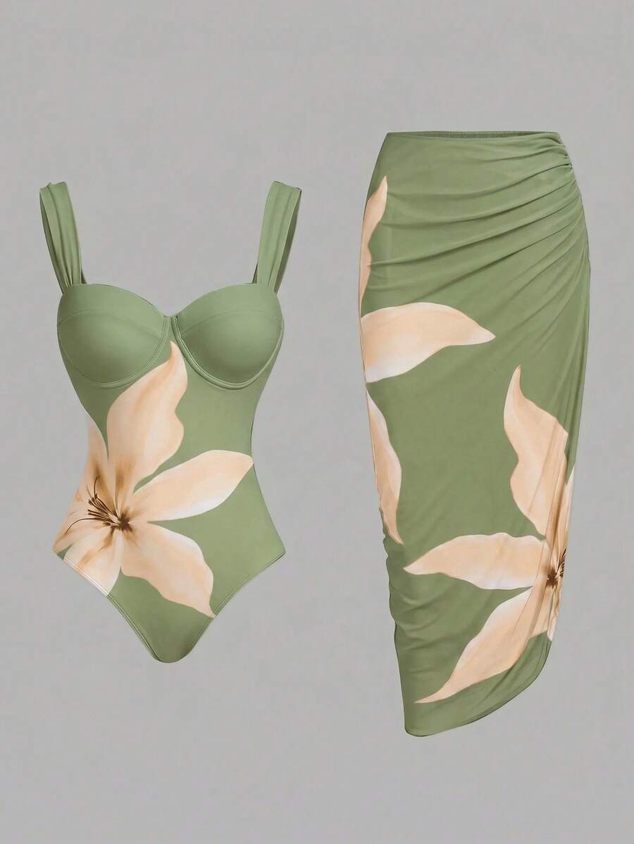 Swim Oasis 女款花卉印花連身泳衣附罩衫裙 - 橄欖綠 - 查看 1