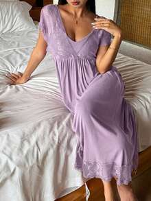 DAZY Robe longue transparente à bretelles spaghetti avec patchwork de dentelle et taille cintrée, tenue d'été, chemise de nuit pour femme - Parme - Voir 3