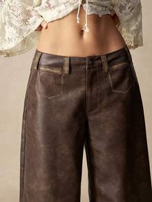 Bohemela Casual Solid Color PU Leather Washed 3/4 Length Pants - Brown - View 2