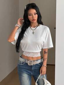 Coolane 女款純色蕾絲拼接短袖T恤 - 白色 - 查看 7