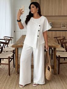 Weeklong Women's Plus Size Spring/Summer Casual Vacation Round Neck Dolman Sleeve Asymmetrical Hem Button Contrast Color Loose Striped 2-Piece Set - White - View 3