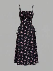Skyraze Women Bowknot Strap Floral Print Long Dress For Summer,Graduation Dress,Modest Dresses For Women - Black - View 6