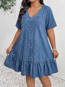 SHEIN CURVE+ Plus Size Vacation Casual Ruffle Hem Denim Dress Fall/Winter Elegant Casual Y2k Chic Basic Festival Back To School CURVE+ 5XL Ruffle Going Out - Blue - View 3