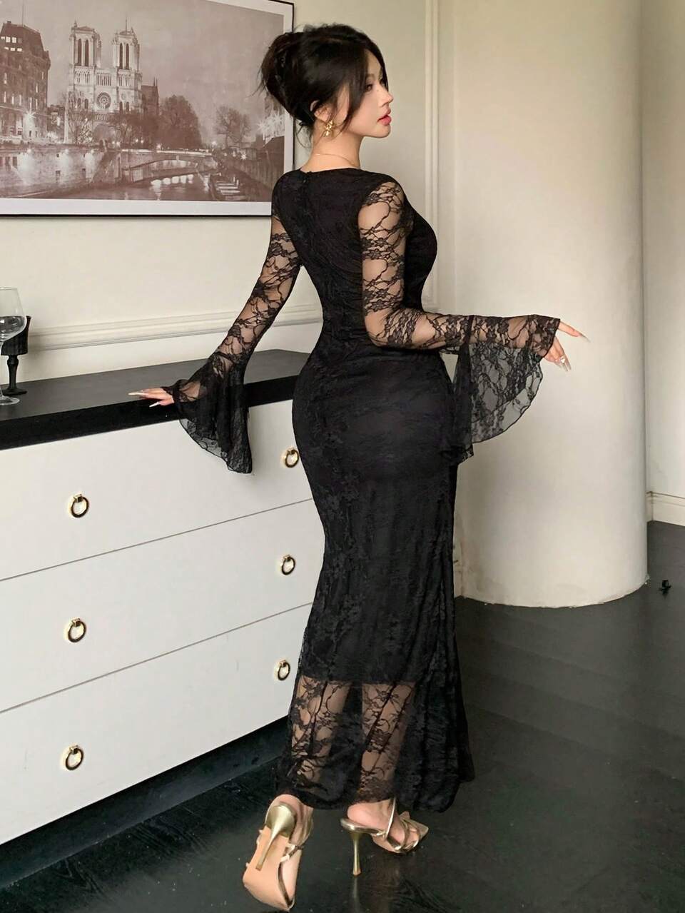 Autumn Elegant Casual Long Sleeve Lace Sheer Fabric Waist-Cinching A-Line Hem Black Floral Mid-Length Dress For Women Halloween Night Party