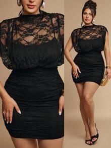 SHEIN BAE CURVE Vestido mini de encaje negro para mujer talla grande - Negro - Ver 2