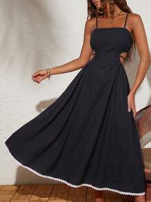 Travachic Vestido de mujer de unicolor con diseño de abertura lateral y tirantes finos - Negro - Ver 5