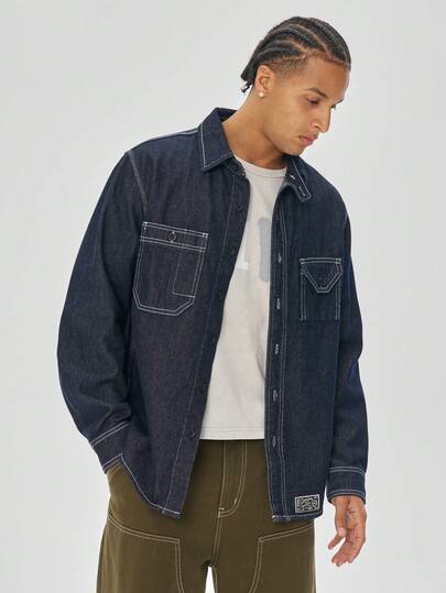 FORM&CHAOS Men's Casual Denim Shacket With Pockets -Summer Loose Fit Long Sleeve Shirt, Vintage Skate Streetwear Jacket
