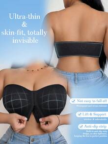 Crystal Vow 1pc Front Closure Strapless Bandeau Bra, Anti-Slip Anti-Slip-Off Anti-Exposure, Summer, With Free Regular Shoulder Strap - Black - View 3