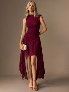 CielaLinda Women's Burgundy Ruched Sleeveless Mini Dress, Asymmetric Hem Elegant Mature Maturity Wedding Dinner Cocktail Summer - Burgundy - View 1