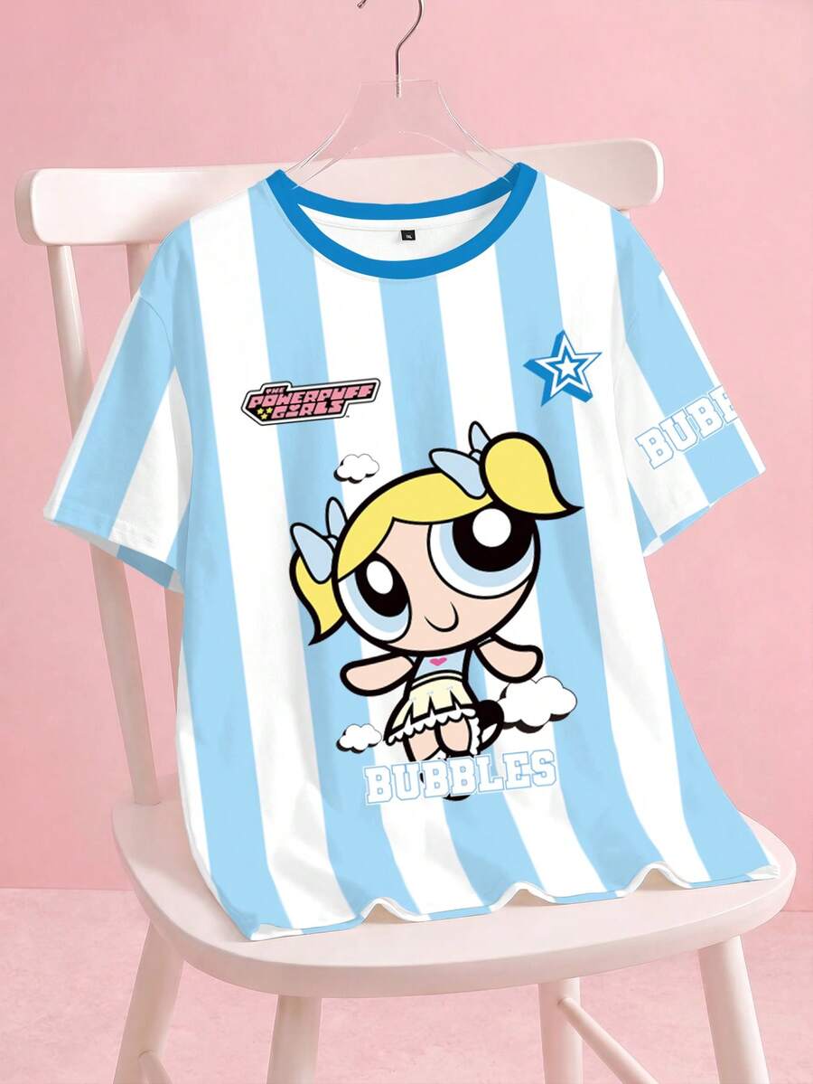 THE POWERPUFF GIRLS X SHEIN 大尺碼女款卡通印花休閒百搭日常短袖T恤 - 白色 - 查看 1