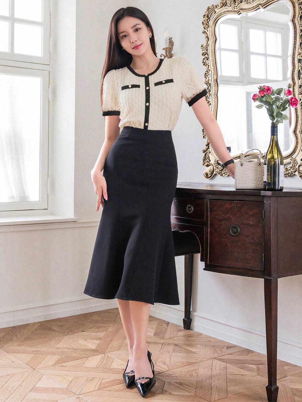 Women Summer Round Neck Color Block Short Puff Sleeve Elegant T-Shirt