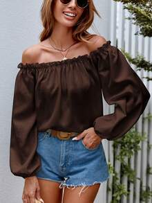 SHEIN VCAY 女款純色露肩休閒度假襯衫 - 棕色 - 查看 5