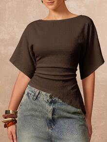 Lumalex Women's Knitted Textured Asymmetrical Waist T-Shirt - Brown - View 6