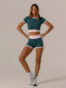 Aralina Women's Cropped Ribbed Crew Neck Contrast Color Tank Top And Shorts Sports Set - Dark Green - View 5