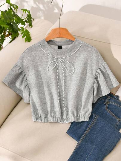 CosyJoli Sudadera casual de vacaciones para mujer, corte holgado primavera/verano, artesanía con cuentas, manga con volantes, corta, sudadera gris de manga corta