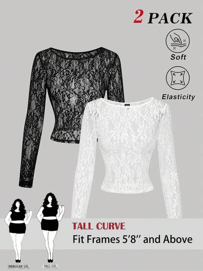 SHEIN Tall CURVE Plus Size Tall Figure Women's 2-Piece Chiffon Lace Long Sleeved Black And White Retro T-Shirt, 70s Style, Party Top, Valentine's Day, Elegant