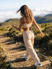 WanderVale Women's Solid Color Drawstring Waist Casual Outdoor Sweatpants - Apricot - View 2