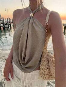 Aloruh Women's Casual Sexy Tropical Solid Color Backless Halter Top Summer Fall Autumn Shoulder Top Grey Neck With Metal Decorative Buckle Holiday Beach - Khaki - View 1