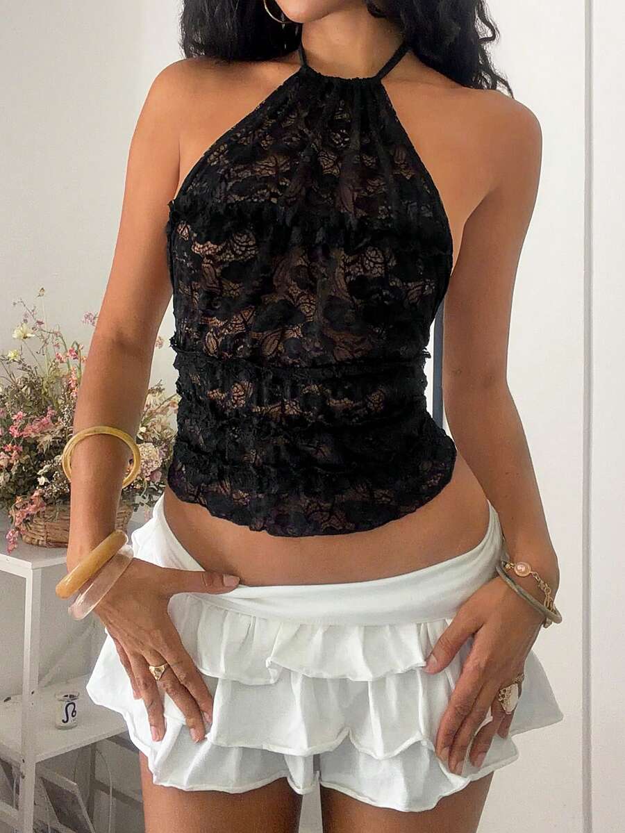 Jeanoix Women's Halter Neck Sexy Lace Backless Camisole, Fashionable Summer Night Out Black - Black - View 1