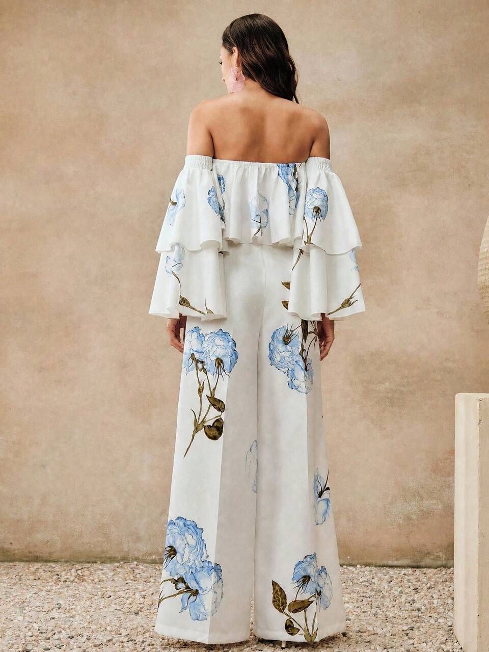 Women's Spring/Summer Vacation Outfit, Elegant Floral Print Bandeau Cold Shoulder Ruffle Top, Loose Casual Wide Leg Pants, White Floral Two Pieces Set, Suitable For Summer Vacation, Dating, Outing