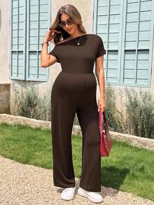 SHEIN Maternity Solid Color Asymmetrical Neck Short Sleeve Casual Normal Jumpsuit Baby Shower Summer Photoshoot - Brown - View 11