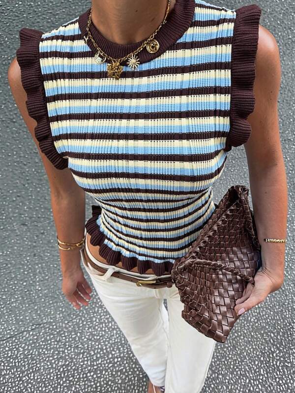 Siren Gaze Round Neck Colorful Striped Knit Vest, With Ruffle Trim Brown/Yellow/Blue