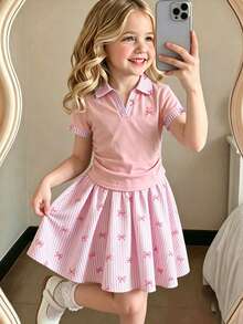 Casuvi Kids 女童日韓風簡約通勤 Polo T恤與格紋澎澎裙套裝 - 粉色 - 查看 9