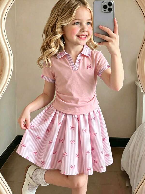 Casuvi Kids Set da ragazza con maglietta polo minimalista stile giapponese & coreano da pendolare e gonna a palloncino a quadri
