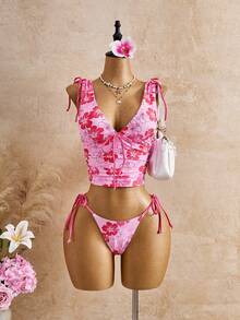 Mistrie Conjunto de 2 piezas de bikini para mujer primavera/verano nuevo con estampado retro, escote en V profundo, cordón, fruncido, espalda descubierta y Bottom de bikini triangular con lazo lateral - Multicolor - Ver 1
