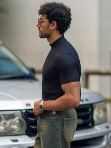 YOUESAWY YOUESAWY Camiseta de punto de manga corta con cuello alto de unicolor para hombres, ideal para el verano - Negro - Ver 5