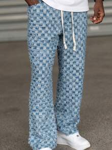 thenoahjr thenoahjr Men's American Checkered Wide Leg Denim Jeans With Fringe Drawstring - Blue - View 7