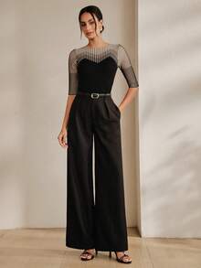 Anewsta French Style Spring/Summer Elegant Sophisticated Sexy Hollow Mesh Fitted Knit Top T-Shirt - Black - View 5
