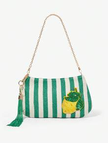 Viva Strut Ladies' Fashionable Simple Vacation Summer Green And White Stripes Yellow Sequins Lemon Decorative Fringed Metal Chain Shoulder Bag, Vacation Seaside - green and white - View 1