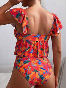 Swim Lushoire 女款復古熱帶花卉印花飛袖V領荷葉邊兩件式比基尼泳衣套裝，高腰收腹度假泳裝 - 彩色 - 查看 2
