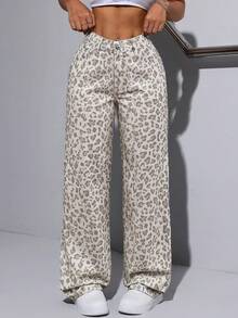 Jeanoix Plus Size Women's Leopard Print Pocket Washed Straight Leg Jeans - Multicolor - View 5