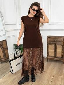 Easowa Curve Plus Size Women Solid Color Contrast Lace Hem Elegant Normal Sleeveless Dress Tea Party Formal Birthday Brown Summer - Brown - View 9