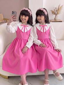 SHEIN Young Girl Young Girl College Style Colorblock Peter Pan Collar Long Sleeve Dress - Pink - View 10