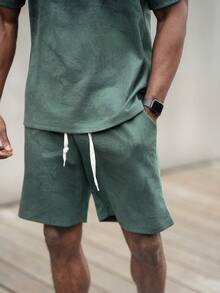 thenoahjr thenoahjr 2-Pieces Men's Geometric Print Round Neck Short Sleeve T-Shirt And Drawstring Waist Shorts Set, Casual Men Two Pieces Casual Short Sets Men 2 Pieces Outfits Men's Co Ord Set Short Men Summer Sweatsuit,Fall Clothes Fleece - Dark Green - View 4