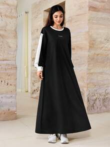 Yasmyna Spring/Autumn Crew Neck Patchwork Black & White Contrast Casual Dress - Black and White - View 7