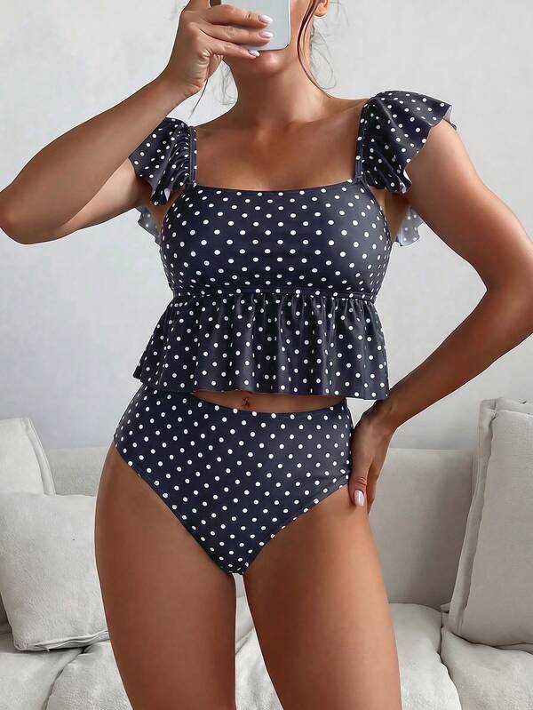 Swim Lushoire Black And White Polka Dot Square Neck Flutter Sleeve Ruffle Two Pieces Swimsuit For Women, High Waist Tummy Control Short Tank Top With Cake Hem And Bikini Bottom