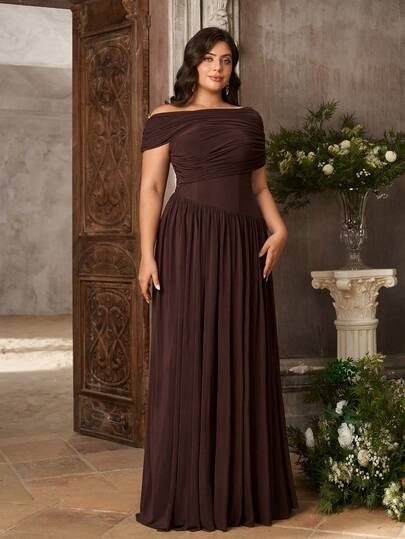 Aureia Plus Size Elegant Coffee Color Romantic Asymmetrical Overlap Mesh Soft Flowy Pleated Waist Slim Fit A-Line Skirt Dress Suitable For Women Draping Effect Pink Long Dress Elegant Pink Wedding Guest Gown Luxury Ball Party Gathering Banquet Dress Low-Key Luxury Shiny Holiday Party Outing Vacation Outdoor Popular Graduation Homecoming Season Date Bridesmaid Dress