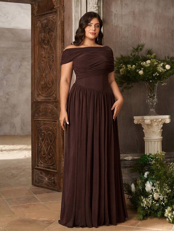 Aureia Plus Size Elegant Coffee Color Romantic Asymmetrical Overlap Mesh Soft Flowy Pleated Waist Slim Fit A-Line Skirt Dress Suitable For Women Draping Effect Pink Long Dress Elegant Pink Wedding Guest Gown Luxury Ball Party Gathering Banquet Dress Low-Key Luxury Shiny Holiday Party Outing Vacation Outdoor Popular Graduation Homecoming Season Date Bridesmaid Dress