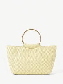 Maija Ladies Fashionable Elegant Simple Classic Versatile Light Yellow Woven Embossed Faux Leather Metal Hand Bag, Daily Commuting Shopping Afternoon Tea - Light yellow. - View 1