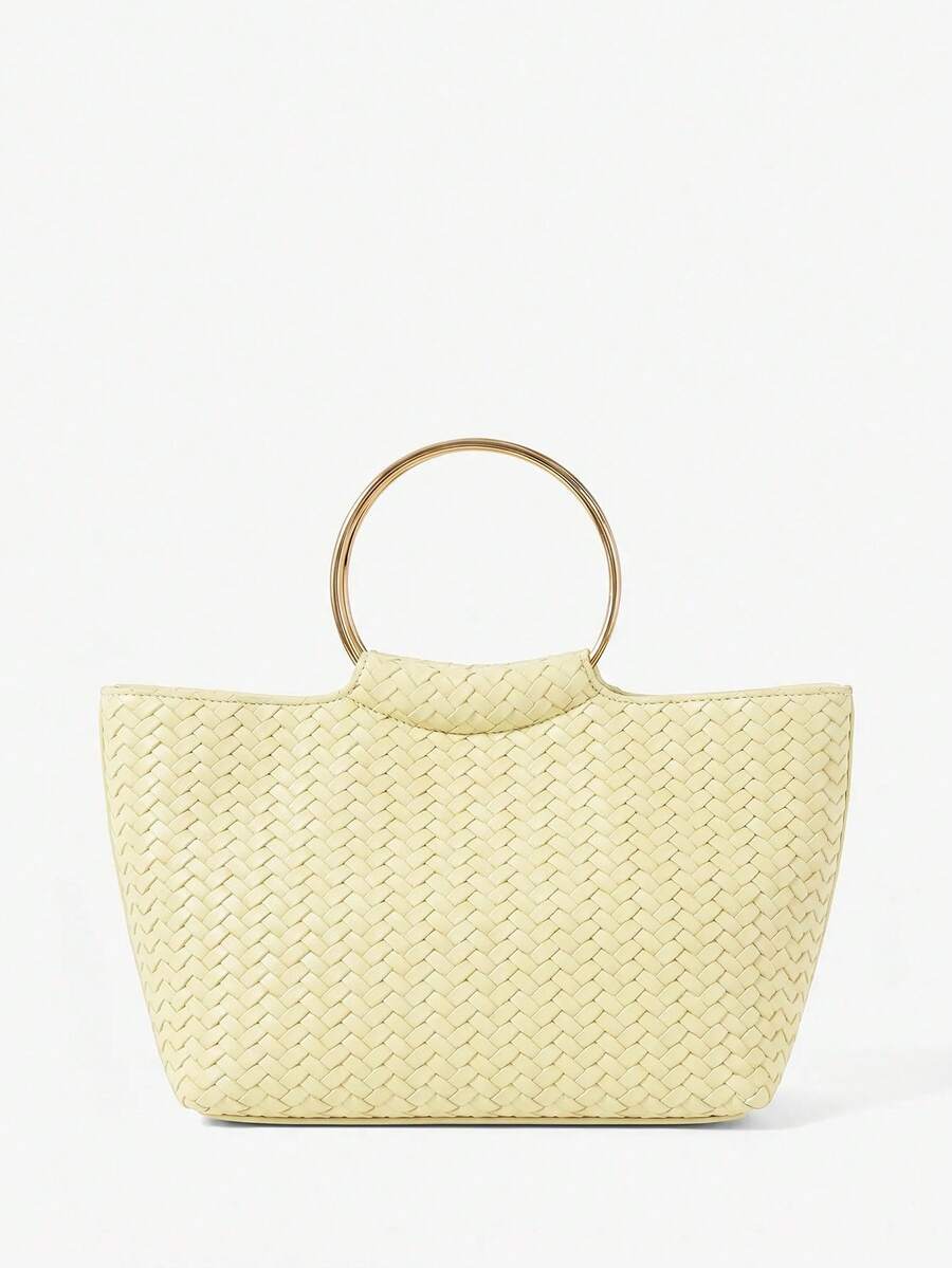 Maija Ladies Fashionable Elegant Simple Classic Versatile Light Yellow Woven Embossed Faux Leather Metal Hand Bag, Daily Commuting Shopping Afternoon Tea - Light yellow. - View 1