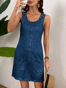 EMERY ROSE Women's Autumn Vacation Denim Effect Sleeveless Short Dress Vacation Aqua Blue Casual - Dark Wash - View 5