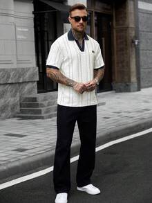 Manfinity CasualCool 男士休閒 INS 風格白色紋理布料日常街頭風拼色拼接 Polo 衫，送給男友/丈夫的禮物，週年紀念禮物 - 白色 - 查看 7